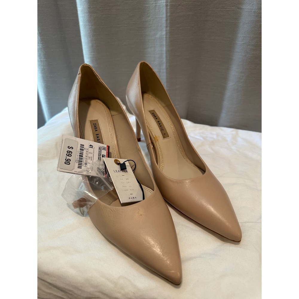 Zara Basic Nude Leather Pointed Toe Pumps Stiletto Heels Beige Size 41 NWT
